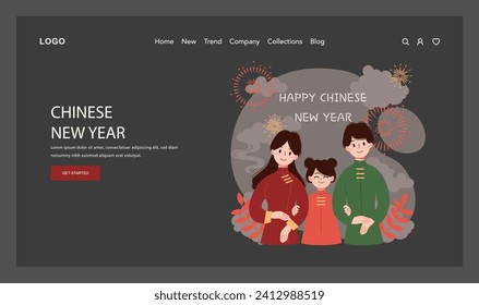 Chinese New Year tradition web banner or landing page dark or night mode. Asian family festive leisure. Characters celebrate with fireworks, lantern and dragon dance. Flat vector illustration