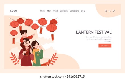 Banner web o página de inicio de la tradición china de Año Nuevo. Alegre ocio familiar asiático en un día festivo. Los personajes celebran con fuegos artificiales, linternas y baile de dragones. Ilustración vectorial plana