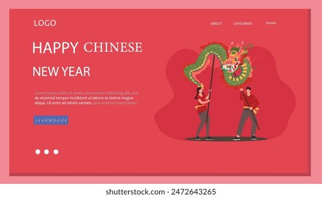 Anuncio de Web tradicional del Año Nuevo chino o página de destino. Gente alegre tocando el baile del dragón en el día festivo. Los personajes celebran con la danza del dragón. Ilustración vectorial plana