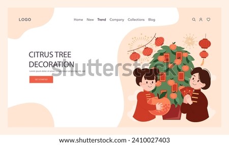 Chinese New Year tradition web banner or landing page. Cheerful asian family leisure on festive day. Characters celebrate with fireworks, lantern and dragon dance. Flat vector illustration