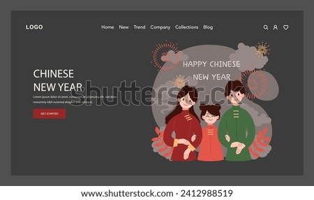 Chinese New Year tradition web banner or landing page dark or night mode. Asian family festive leisure. Characters celebrate with fireworks, lantern and dragon dance. Flat vector illustration