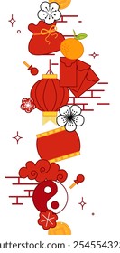 Chinese New Year traditional asian elements, seamless vertical pattern border. oriental flowers and clouds, lantern, coin, bag. Vector illustration. 