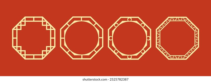 chinese new year  traditional decoration. border, frame, window. asia, oriental, japan, korea, clip art set. retro graphic, pattern, ornament. 8 sides shape. octagon shape. logo and logotype.