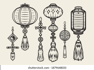 Elementos tradicionales chinos de Año Nuevo con linternas y decoraciones en vintage ilustración vectorial aislada de estilo monocromo