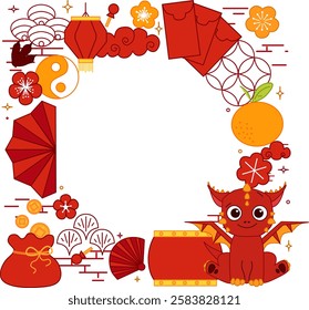 chinese new year traditional elements with red dragon 2036 circle round frame in graphic line vector style. template for your text. lunar lantern festival
