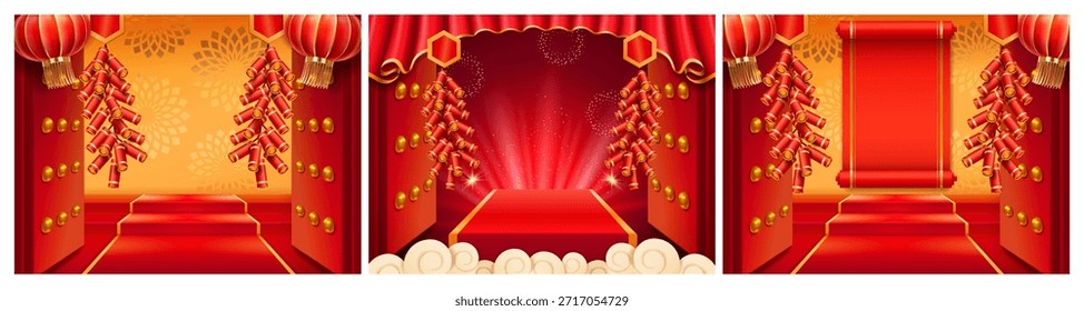 Elementos tradicionales del Año Nuevo chino. El Vector abrió las puertas de entrada con escaleras, faroles colgantes y fuegos artificiales. Festividades asiáticas. Diseño cultural y festivalero, decorativo y de celebración
