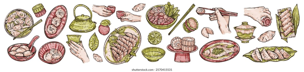 Chinese New Year traditional food doodle set, vector hand drawn Asian festive dinner, dumplings. Lunar holiday party eatery menu, green tea, sweet cake, chopstick, fish dish. Oriental traditional food