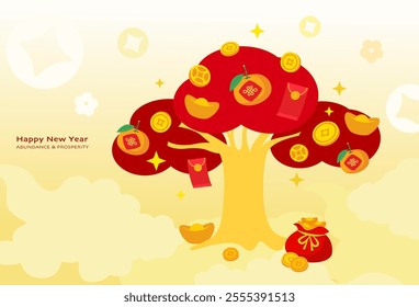 chinese new year traditional graphic.wishing tree.money,wealth,coins, lucky bag,Gold Ingots,Prosperity, Happiness,Good Fortune,new beginning,joy,abundance,blossom,Happy new year,Red Envelopes.