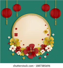 Chinese New Year traditional green greeting card illustration with traditional Asian decoration hanging lanterns and flowers in the gold layered paper. background for holiday banner paper cutting.