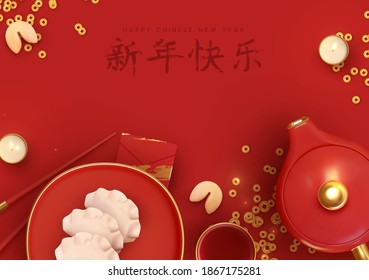 Chinese New Year. Traditional Holiday Lunar New Year, Spring Festival design. Red background with Realistic elements dish. China's Holiday foods with Lucky Meanings. Family Time. Flat lay top view.