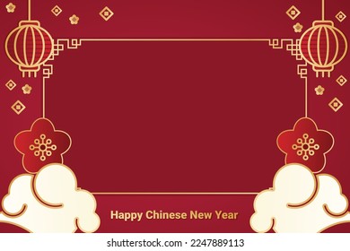 Chinese New Year. Traditional Holiday Lunar New Year, Spring Festival design. Red background with Realistic elements gold bars, iron coins, paper envelopes letters. China's Holiday Flat lay top view