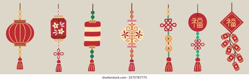 Chinese New Year traditional lanterns and lucky charms. Hand drawn vector illustrations.