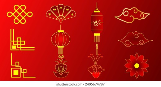 Chinese New Year traditional patterns, frame, lanterns, clouds, elements and ornaments. Illustrations Chinese element and ornament vector design. Simple Chinese new year element.
