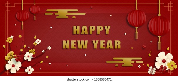 Chinese New Year traditional red greeting card illustration with traditional asian decoration hanging lanterns and flowers in red layered paper.background for holiday banner paper cutting style.