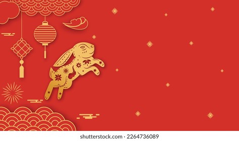 Chinese new year traditional red greeting card with gold bunny patterns and lanterns flat vector illustration