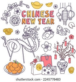 Chinese New Year traditional symbols doodle set. Hand drawn vector illustration. Chinese characters translation:"Good Luck".  Outline stroke is not expanded, stroke weight is editable