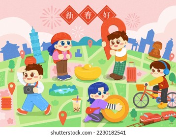 Chinese New Year travel poster. Illustrated cute tourists sightseeing on enlarged map with pins and Taiwan landmarks. Text: Happy new year.