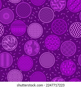 Chinese New Year tree balls flat vector seamless pattern with ornaments in circles. New Year tree toys on blue. Christmas balls violet purple wrapping paper print design.