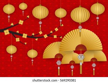 Chinese new year tree flower gold  lanterns greetings on red background