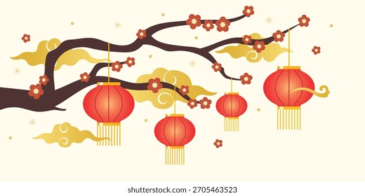 Árbol chino del año nuevo con las linternas y las flores chinas rojas colgantes. Condecoraciones para el Año Nuevo Chino. 
