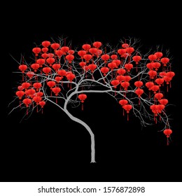 Chinese New Year - tree with red flashlights, color vector image on black background
