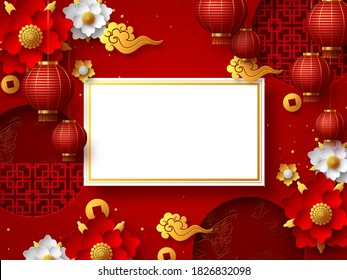 Chinese New Year typography design. 3d papercut decorative chinese elements on red traditional background. Copy space. Vector.