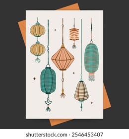 Chinese new year with various lanterns ornament. Design template for poster, greeting card,  banner.