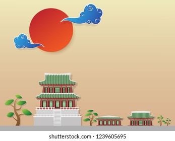 Chinese new year vector background with castle, tree and cloud, wave overlapping with shadow modern concept, space for text or message web and book design