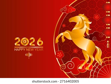 Chinese New Year vector background with red lanterns and golden patterns. Festive oriental design for banners and greeting cards
