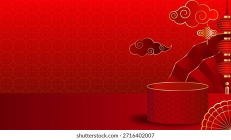 Chinese New Year vector background with red lanterns and golden patterns. Festive oriental design for banners and greeting cards