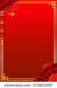 Fondo chino del Vector del año Nuevo con las linternas rojas y los patrones dorados. Diseño oriental festivo para Anuncios y tarjetas de felicitación