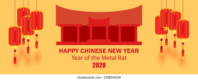 chinese new year vector banner with temple and lantern ilustration with red, orange and gold colour. vector eps 10