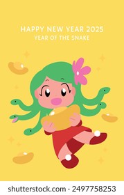 Chinese new year vector card with cute girl holding a golden sycee ingot. Year of the snake medusa girl vector illustration.