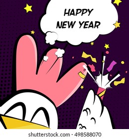Chinese New Year vector card with rooster, firecracker and text cloud. Comics style
