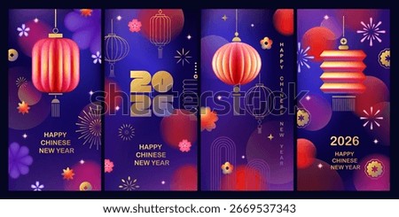 Chinese New Year vector cards. Lunar new year concept. Geometric modern design with abstract forms, gradients, flower, lanterns, fireworks. Design for calendar, cover, flyer.