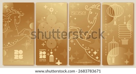 Chinese New Year  vector cards. 2026 year of the Horse. Lunar new year concept. Geometric modern design with abstract forms, gradients, horse. Design for calendar, cover, flyer.