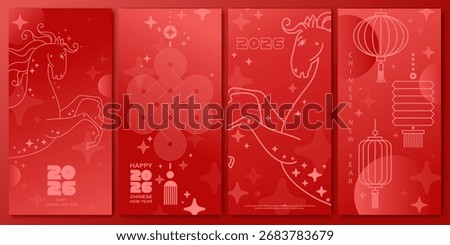 Chinese New Year  vector cards. 2026 year of the Horse. Lunar new year concept. Geometric modern design with abstract forms, gradients, horse. Design for calendar, cover, flyer.