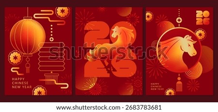 Chinese New Year  vector cards. 2026 year of the Horse. Lunar new year concept. Geometric modern design with abstract forms, gradients, horse. Design for calendar, cover, flyer.