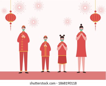 Chinesisches Neujahrsvektorkonzept: Fröhliche Familie gratuliert Chinesisches Neujahr mit Gesichtsmaske und roter Cheongsam-Kleidung