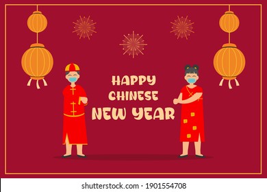 Chinese New Year vector concept. Happy couple in face mask with red cheongsam clothes and Happy Chinese New Year text