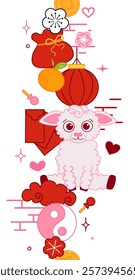 Chinese new year Vector Decorations with cute sheep, lantern elements, clouds, fan, pattern, and transparent background seamless vertical border. Suitable for use as cards, design, wallpaper
