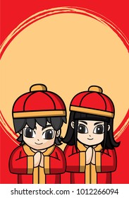 Chinese New Year Vector Design for card and red envelope ,Cute chinese boy and girl Concept design on red background for timeline and website size A5 at 148x210 mm.