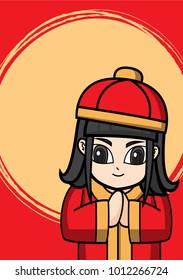 Chinese New Year Vector Design for card and red envelope ,Cute chinese girl Concept design on red background for timeline and website size A5 at 148x210 mm.