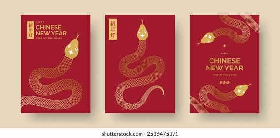 Plantillas de diseño de Vector de año Nuevo chino. Año Nuevo chino 2025 Diseño de arte moderno con ilustración de serpiente dorada. Año del diseño de la serpiente. Traducción al chino: Feliz año Nuevo