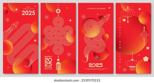 Cartões de design de vetor de Ano Novo Chinês. 2025 ano da Serpente. Conceito de ano novo lunar. Vetor moderno geométrico com formas abstratas, gradientes, cobras. Design para calendário, capa, folheto.