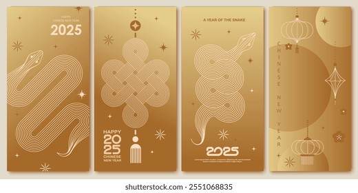 Chinese New Year  vector design cards. 2025 year of the Snake. Lunar new year concept. Geometric modern vector with abstract forms, gradients, snakes. Design for calendar, cover, flyer.