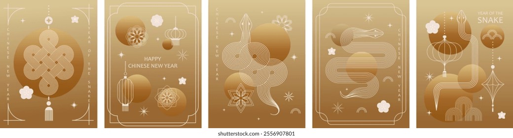 Chinese New Year  vector design cards. 2025 year of the Snake. Lunar new year concept. Geometric modern vector with abstract forms, gradients, snakes. Design for calendar, cover, flyer.