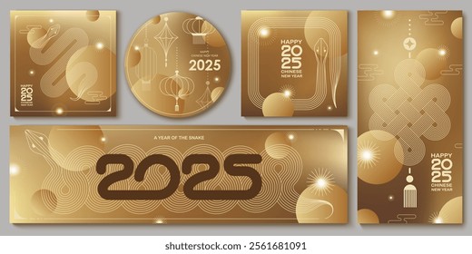 Chinese New Year  vector design cards. 2025 year of the Snake. Lunar new year concept. Geometric modern vector with abstract forms, gradients, snakes. Design for calendar, cover, flyer.