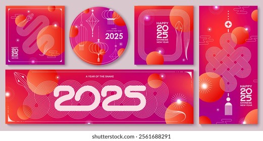 Chinese New Year  vector design cards. 2025 year of the Snake. Lunar new year concept. Geometric modern vector with abstract forms, gradients, snakes. Design for calendar, cover, flyer.