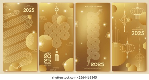 Chinese New Year  vector design cards. 2025 year of the Snake. Lunar new year concept. Geometric modern vector with abstract forms, gradients, snakes. Design for calendar, cover, flyer.